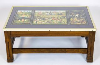 LOW TABLE, 36cm H x 83cm W x 57cm D, beechwood with top depicting 'The garden of earthly delights'