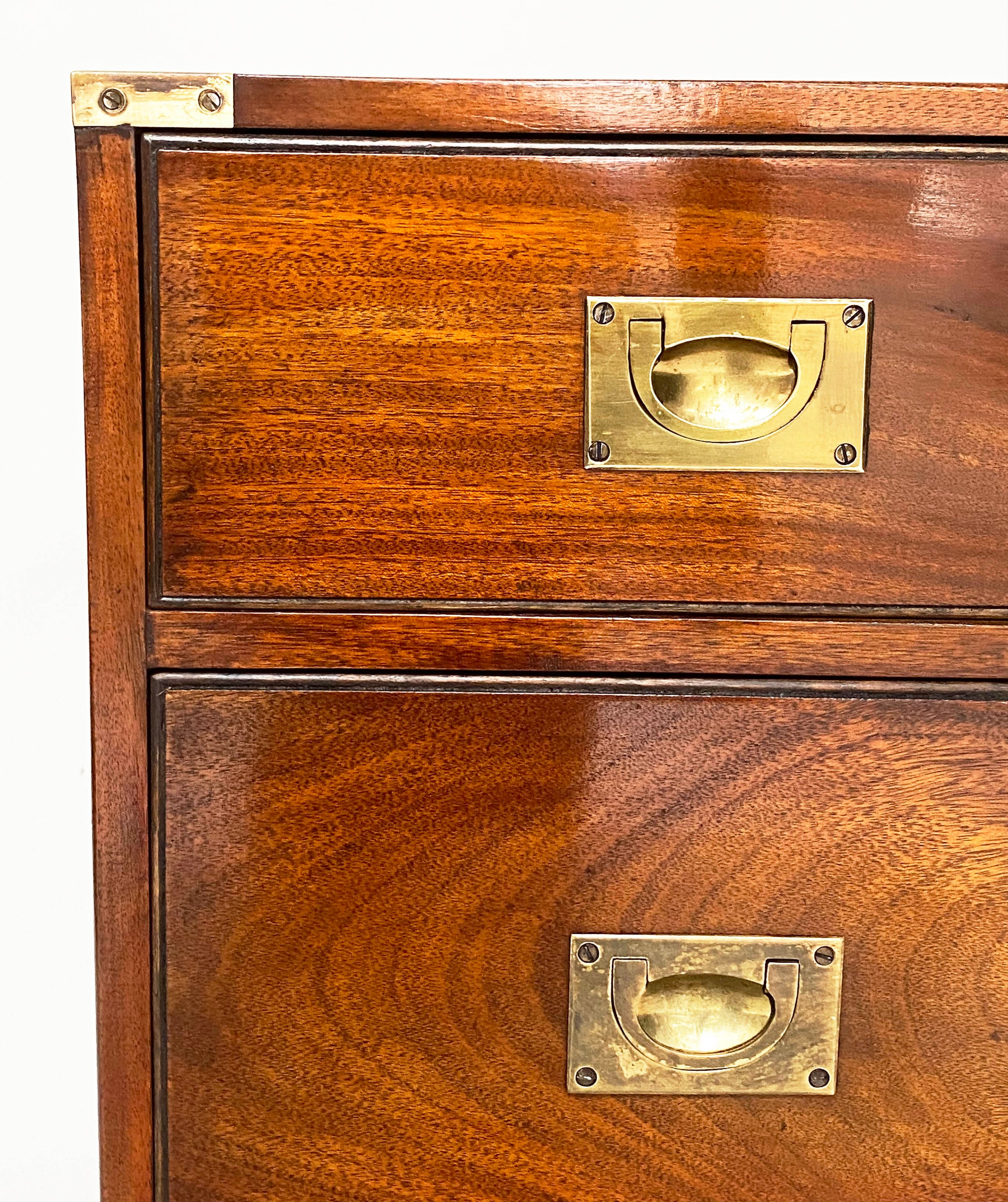 CAMPAIGN STYLE CHESTS, a pair, mahogany and brass bound each with three drawers, 80cm W x 45cm D x - Image 7 of 10