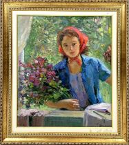 UKRAINIAN SCHOOL, 'Young woman with flowers', oil on canvas, 61cm x 48cm, signed and dated, framed.