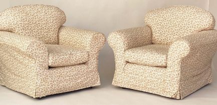 ARMCHAIRS, a pair, Country House style with Colefax seaweed print loose covers with arched back