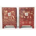 CHINESE CABINETS, a pair, early 20th century scarlet lacquered Chinoiserie gilt decorated and