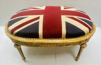 STOOL, 62cm H x 92cm W x 57cm D, in Union Jack upholstery, gilt frame, raised on turned legs.