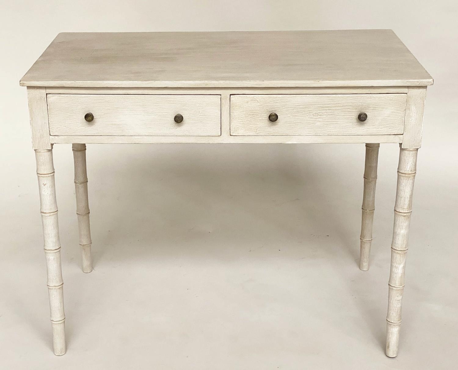 FAUX BAMBOO WRITING TABLE, early 19th century grey painted with two frieze drawers and faux bamboo