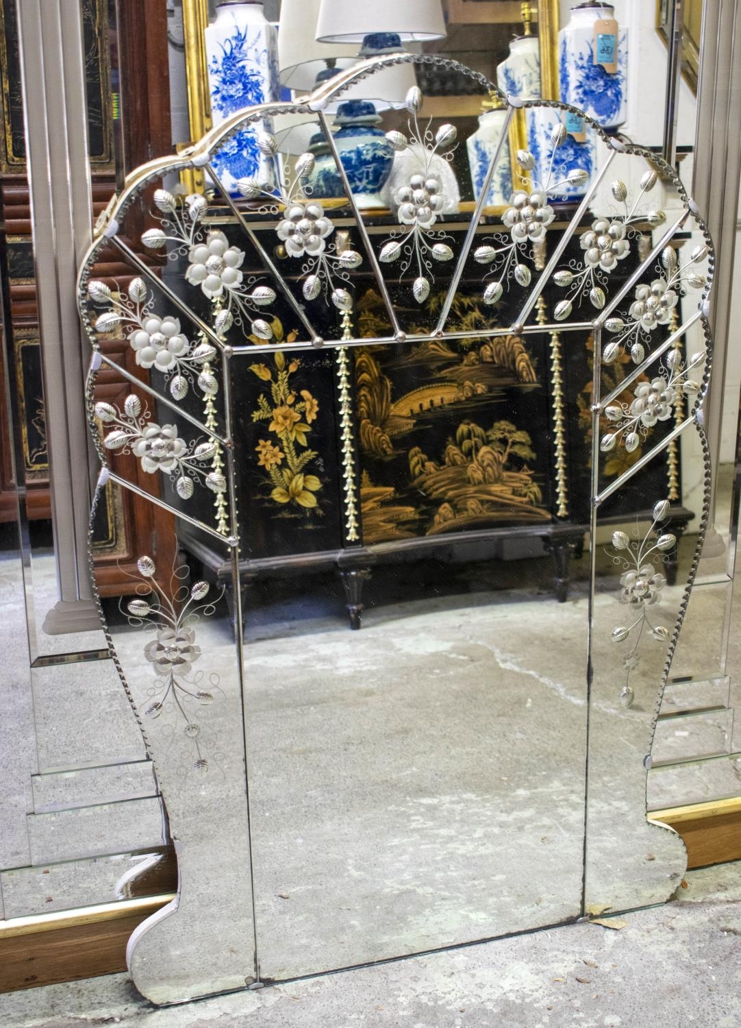 WALL MIRROR, 112cm H x 79cm W, circa 1930, Venetian fan shaped with floral etched decoration.