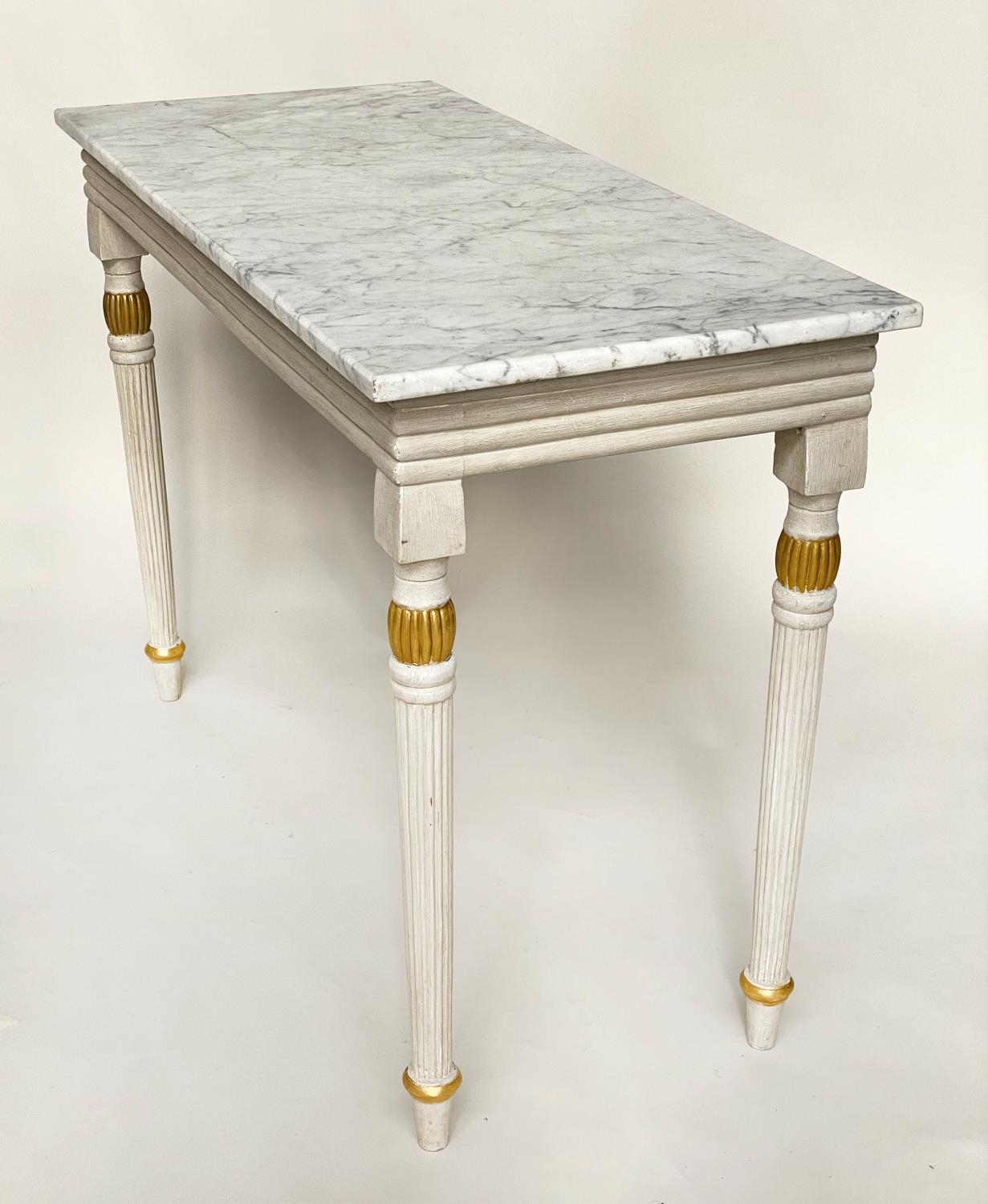 CONSOLE TABLE, Regency style grey painted and parcel gilt, with reeded frieze and supports with grey - Image 7 of 10