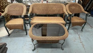 ORANGERY LOUNGE SET, rattan and verdigris metal, comprising of a sofa, two armchairs and a coffee