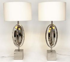 TABLE LAMPS, a pair, R V Asley interlocking nickel on plinths with silk drum shades, 80cm H. (2)