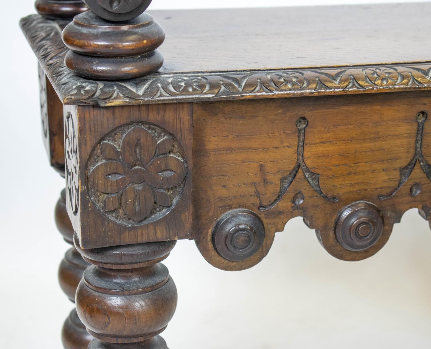 HALL BENCHES, a pair, Victorian oak each with shaped frieze and raised turned bolster arms, 64cm x - Image 3 of 6