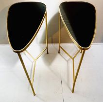 SIDE TABLES, 55cm high, 55cm wide, 30cm deep, a pair, 1950s Italian style, gilt metal, black glass