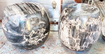PETRIFIED WOOD SIDE TABLES, a pair, 37cm diam x 41cm H barrel shaped. (2)