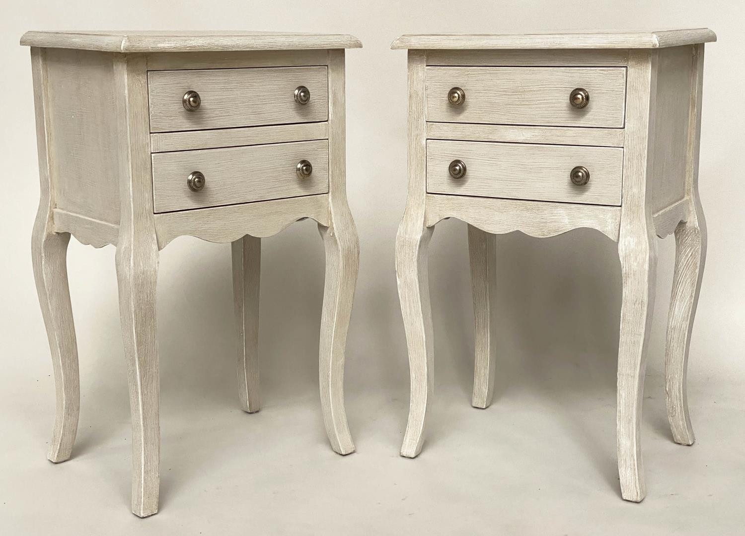 BEDSIDE/LAMP TABLES, a pair, French Louis XV style traditionally grey painted each with two drawers, - Image 7 of 11