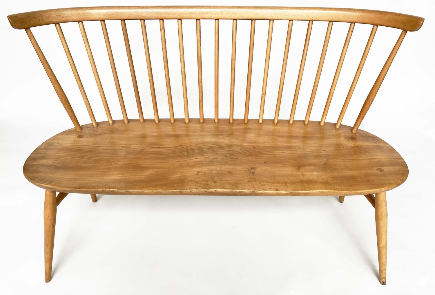 'ERCOL' HALL BENCH, 1970s beech and elm with slightly arched spindle-back attributed to 'Ercol', - Image 8 of 9