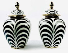 GINGER JARS, 41cm H x 25cm diam., a pair, glazed ceramic black and white striped print. (2)