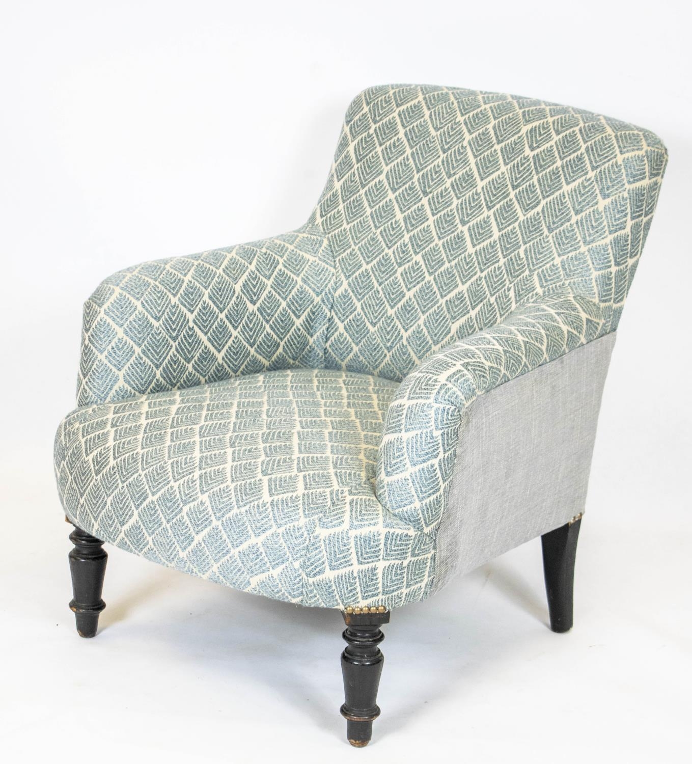 ARMCHAIR, 73cm H x 68cm, Napoleon III ebonised in Guy Goodfellow patterned fabric.