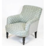 ARMCHAIR, 73cm H x 68cm, Napoleon III ebonised in Guy Goodfellow patterned fabric.