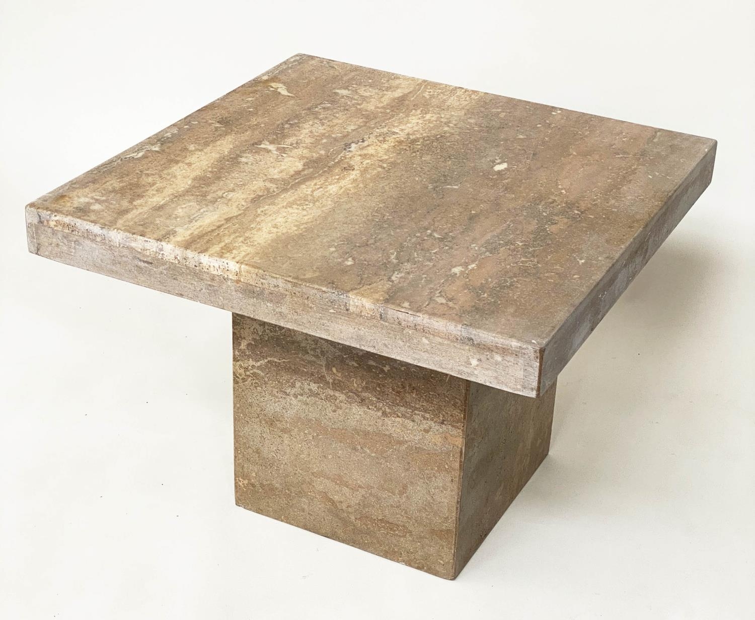TRAVERTINE LOW TABLE, 1970's Italian marble square on plinth base, 65cmx 65cmx 47cm H. - Image 4 of 6