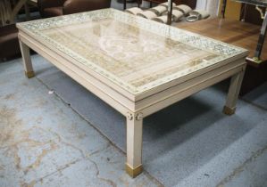 LOW CENTRE TABLE, 61cm H x 188cm W x 121cm D, painted, gilt heightened, brass and mother of pearl