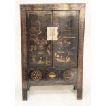 CHINESE MARRIAGE CABINET, 19th century black lacquered, gilt Chinoiserie decorated and silvered