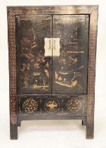 CHINESE MARRIAGE CABINET, 19th century black lacquered, gilt Chinoiserie decorated and silvered