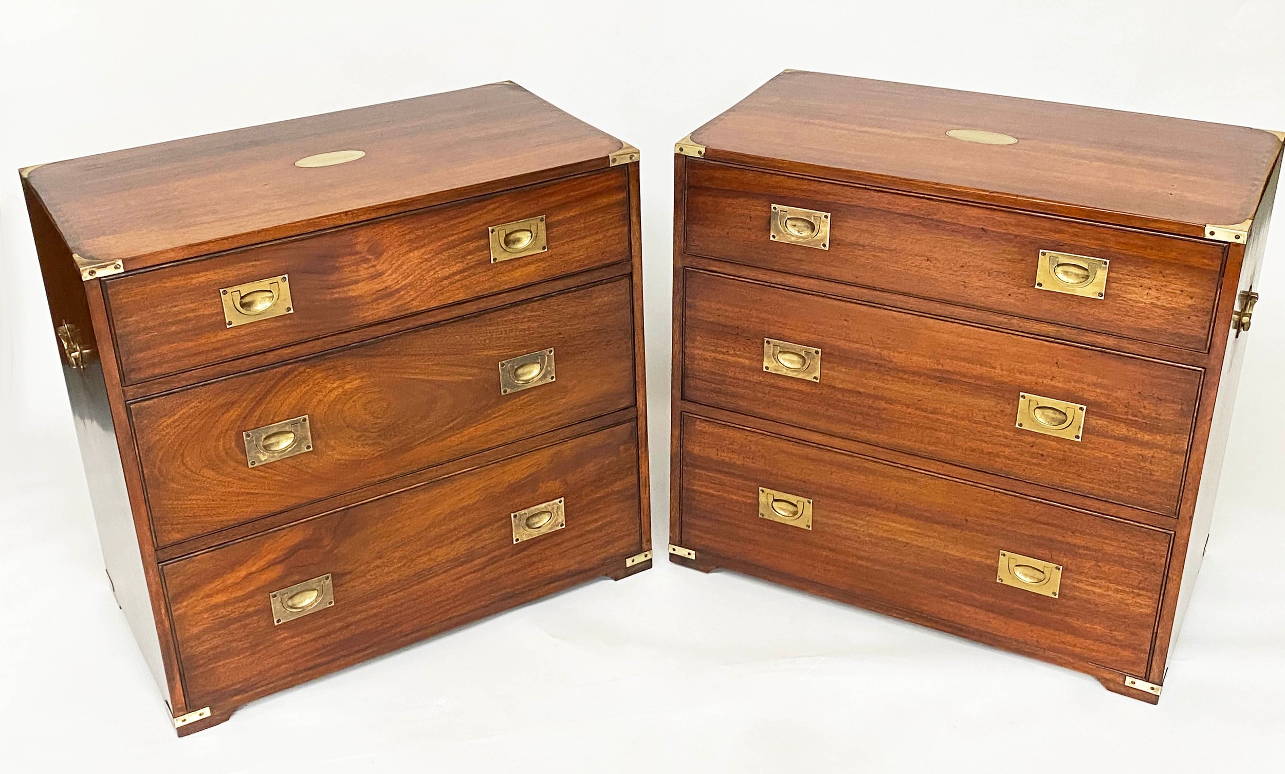 CAMPAIGN STYLE CHESTS, a pair, mahogany and brass bound each with three drawers, 80cm W x 45cm D x - Image 6 of 10