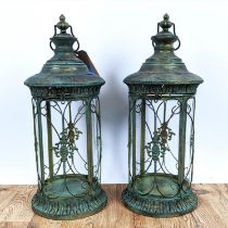 STORM LANTERNS, a pair, Regency style, faux verdigris finished metal and glazed, 65cm H.