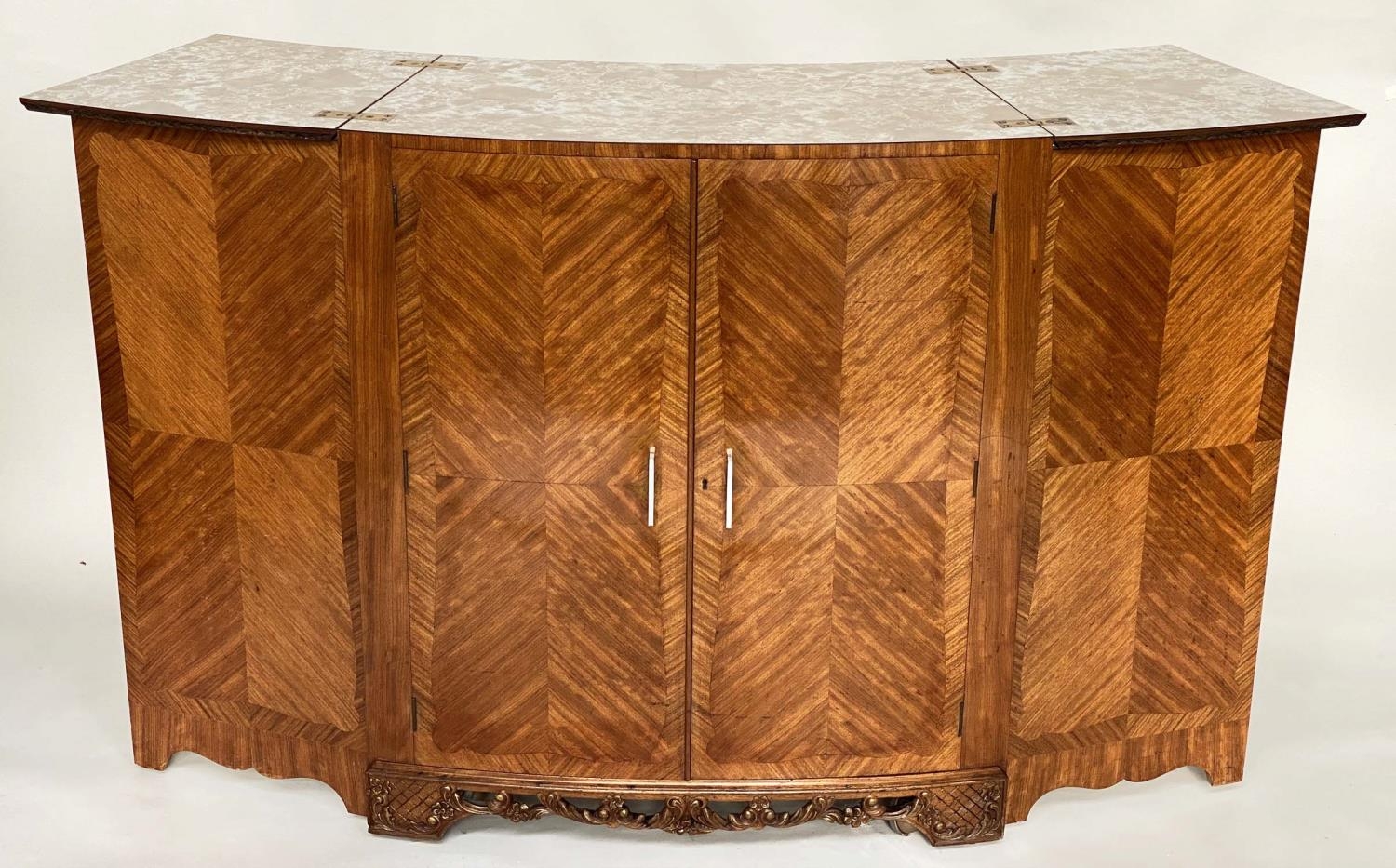 ART DECO BAR, French style Kingwood of bowed outline with foldout bar and glazed doors to back, 90cm - Image 2 of 18