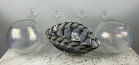 LOUISE BRADLEY MURANO MOTHER OF PEARL VASES, two, a Murano 'seashell' ribbed glass centrepiece