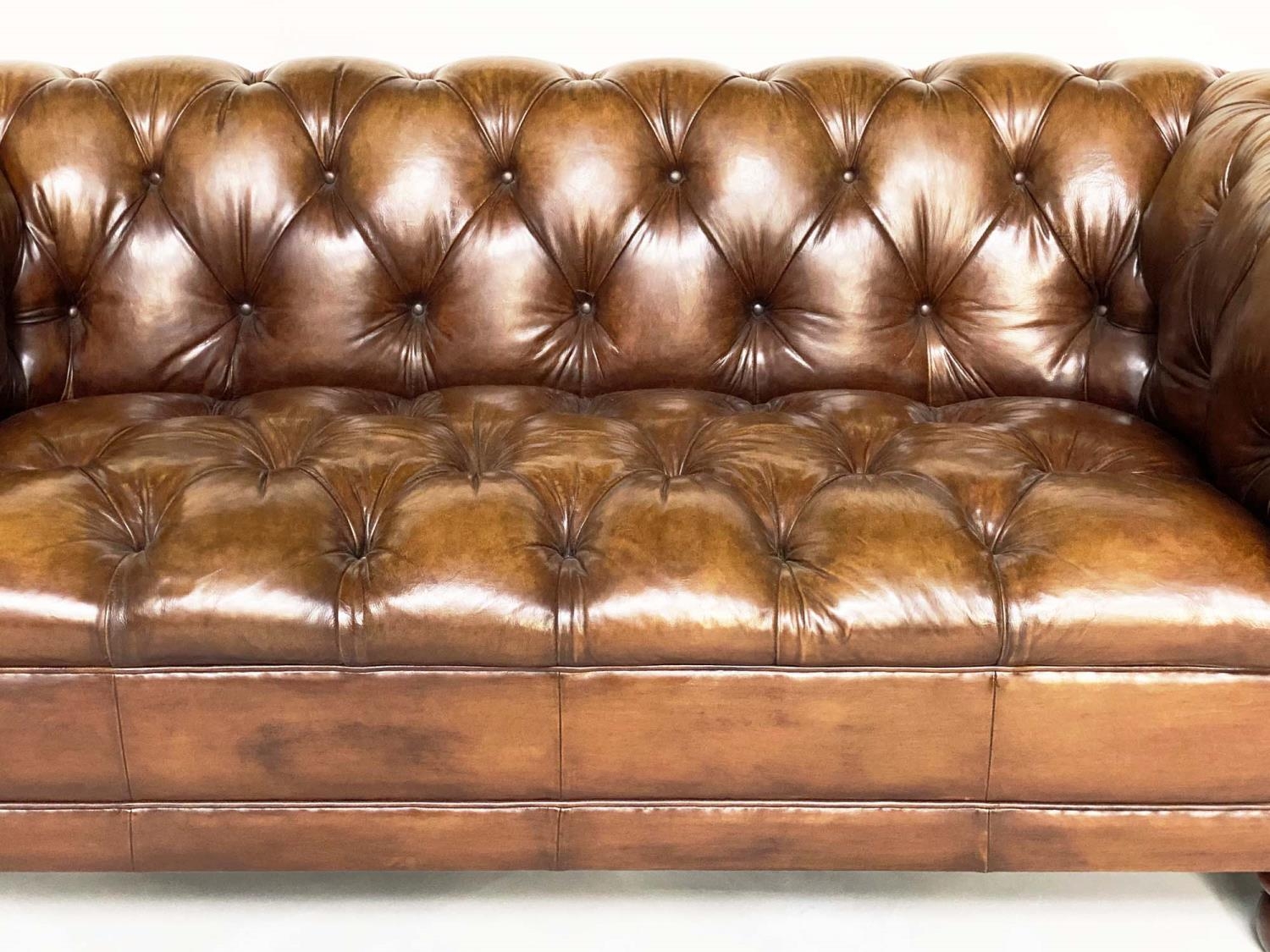 CHESTERFIELD SOFA, vintage natural mid brown deep buttoned leather, 180cm W. - Image 5 of 8