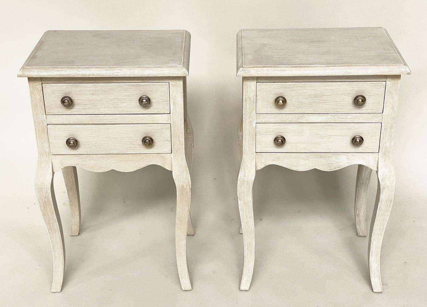 BEDSIDE/LAMP TABLES, a pair, French Louis XV style traditionally grey painted each with two drawers, - Image 11 of 11