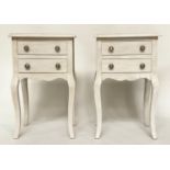 BEDSIDE/LAMP TABLES, a pair, French Louis XV style traditionally grey painted each with two drawers,