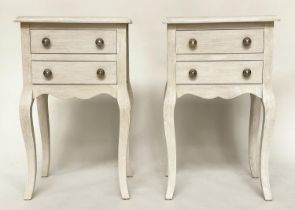 BEDSIDE/LAMP TABLES, a pair, French Louis XV style traditionally grey painted each with two drawers,