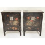 CHINESE CABINETS, a pair, early 20th century black lacquered and gilt Chinoiserie decorated each