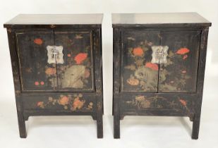 CHINESE CABINETS, a pair, early 20th century black lacquered and gilt Chinoiserie decorated each