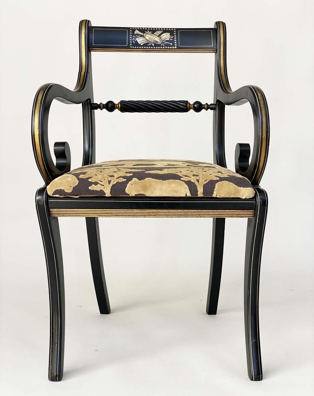 ELBOW CHAIRS, a pair, Regency design, lacquered and gilt with Andrew Martin 'Safari', fabric - Image 9 of 11