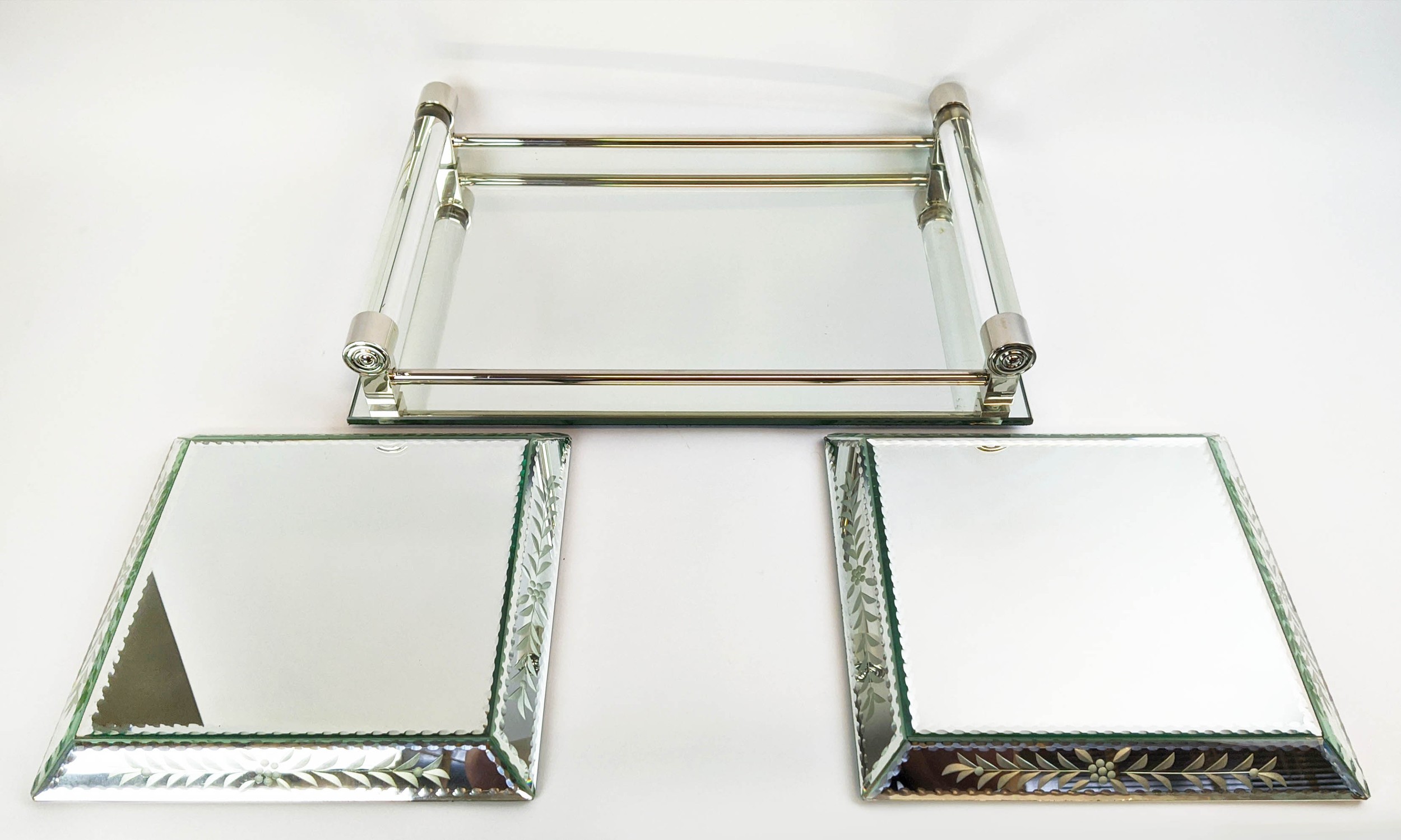 WILLIAM YEOWARD TRAY, mirrored tray with perspex handles along with a pair of etched mirrored