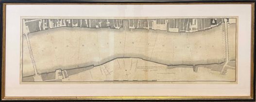 ORDINANCE SURVEY MAP OF THE RIVER THAMES, 18th century, 55cm x 123cm, framed.