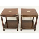 LAMP TABLES, a pair, campaign style mahogany and brass bound, oval inset with two tiers, 45cm W x