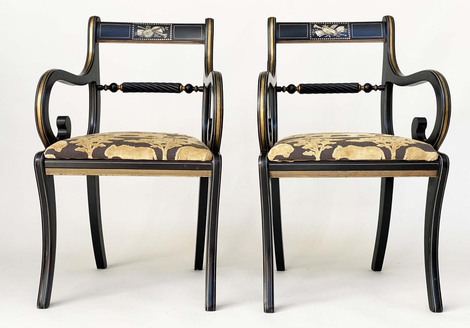 ELBOW CHAIRS, a pair, Regency design, lacquered and gilt with Andrew Martin 'Safari', fabric - Image 3 of 11