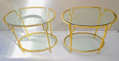 SIDE TABLES, a pair, 61cm x 42cm x 55cm, 1960s French style, gilt metal frames, glass tops. (2)
