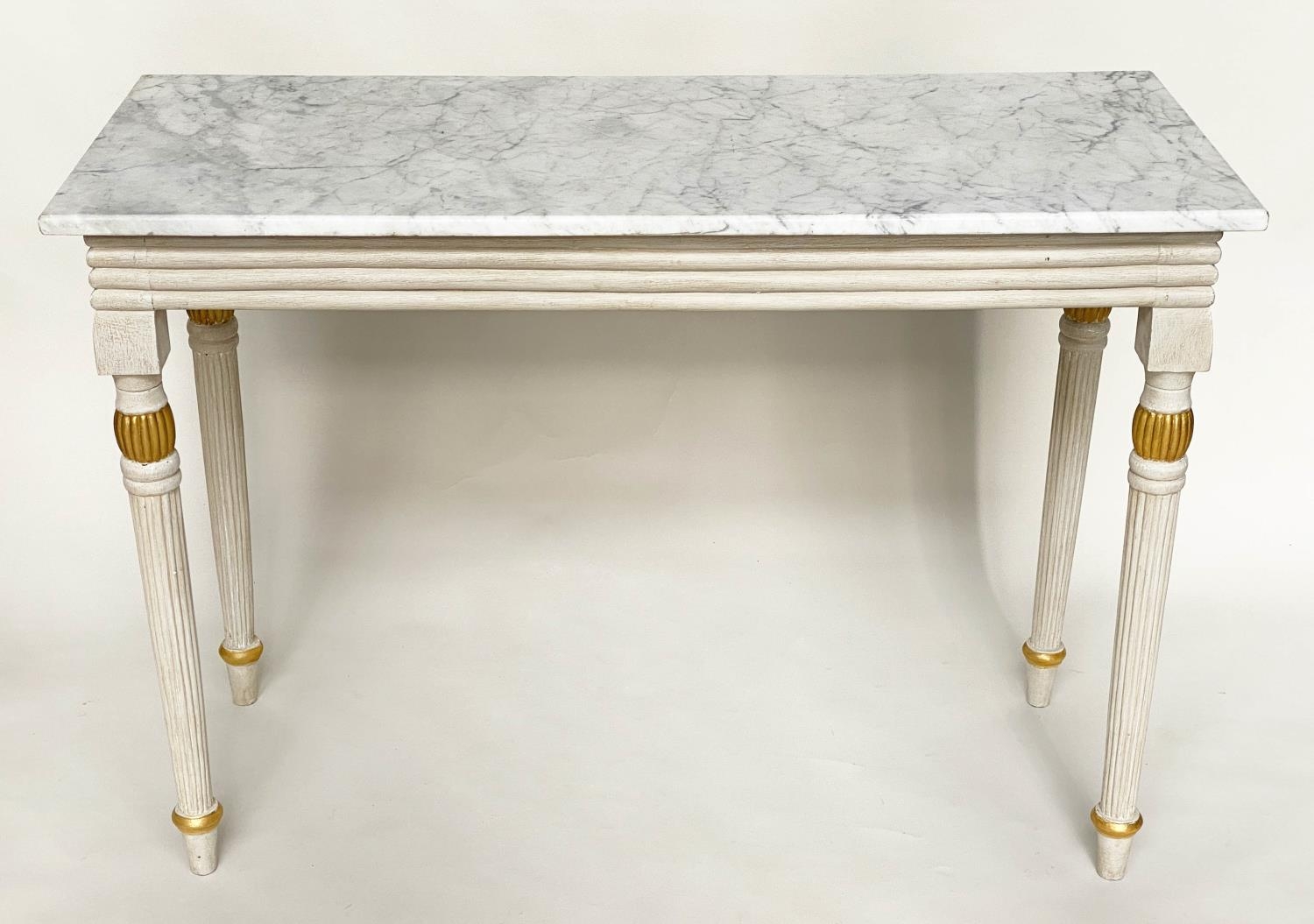 CONSOLE TABLE, Regency style grey painted and parcel gilt, with reeded frieze and supports with grey