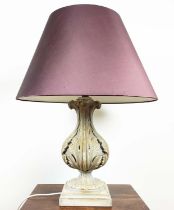 TABLE LAMP, 67cm overall including purple shade, in a distressed finish.