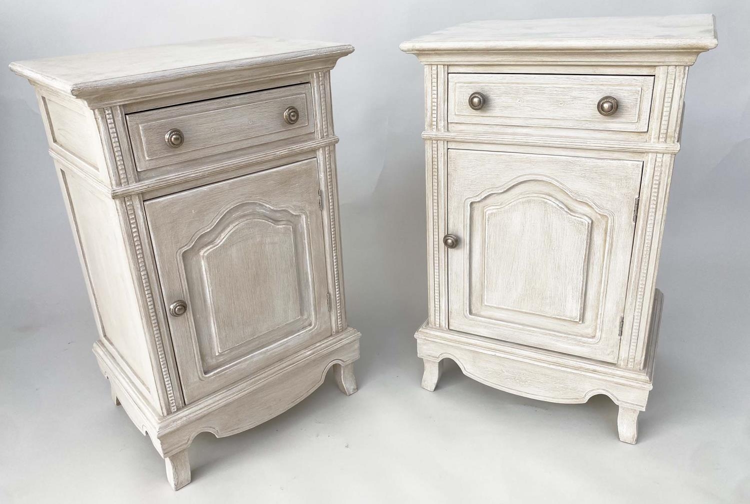 BEDSIDE CABINETS, a pair, French Louis XV style traditionally grey painted each with drawer and - Image 8 of 9