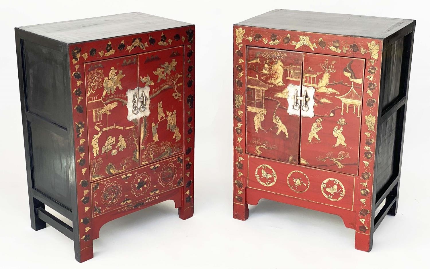 CHINESE CABINETS, a pair, early 20th century scarlet lacquered Chinoiserie gilt decorated and - Image 11 of 11