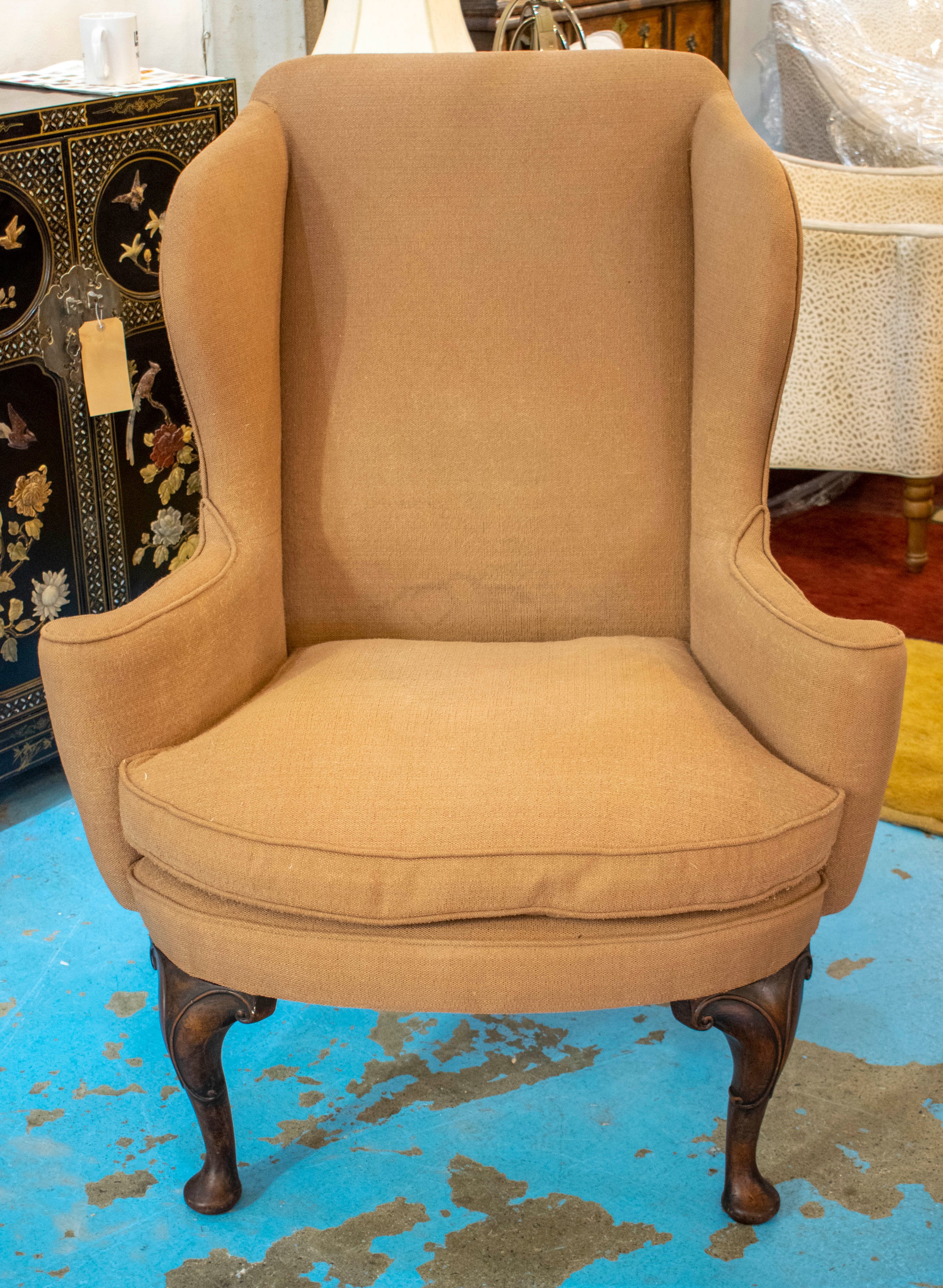 WING ARMCHAIR, 110cm H x 87cm W, George I style in brown material. - Image 2 of 5