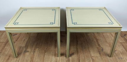 SIDE TABLES, a pair, of square form, neutral painted with a blue geometric border to top, gallery