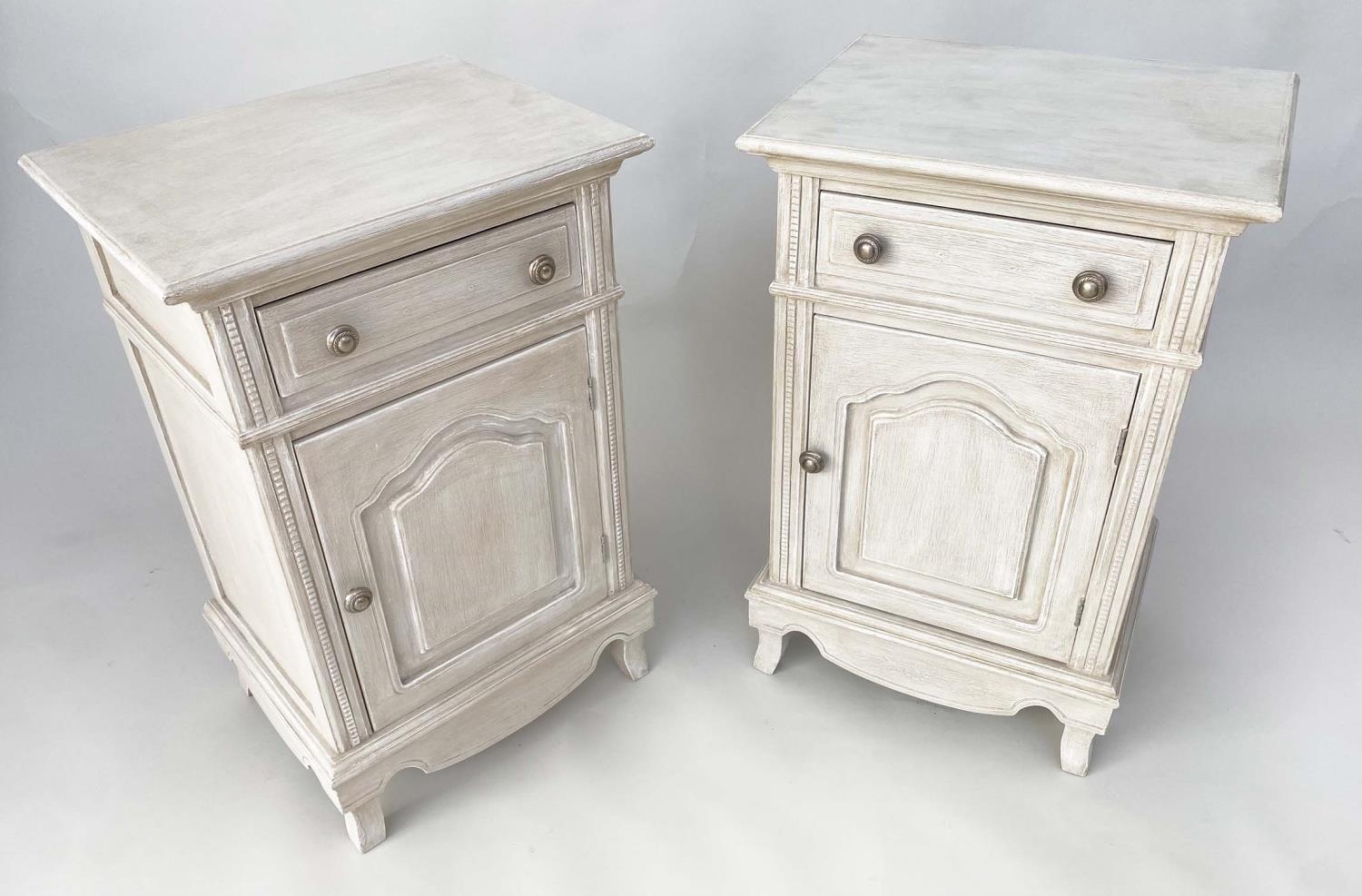 BEDSIDE CABINETS, a pair, French Louis XV style traditionally grey painted each with drawer and - Image 7 of 9