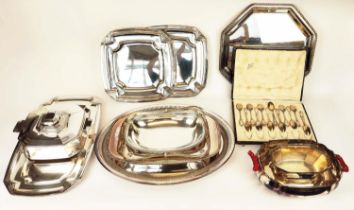 AN ART DECO SILVER PLATED PART TABLEWARE SET, comprising tureen, sweet meat dish, plus various