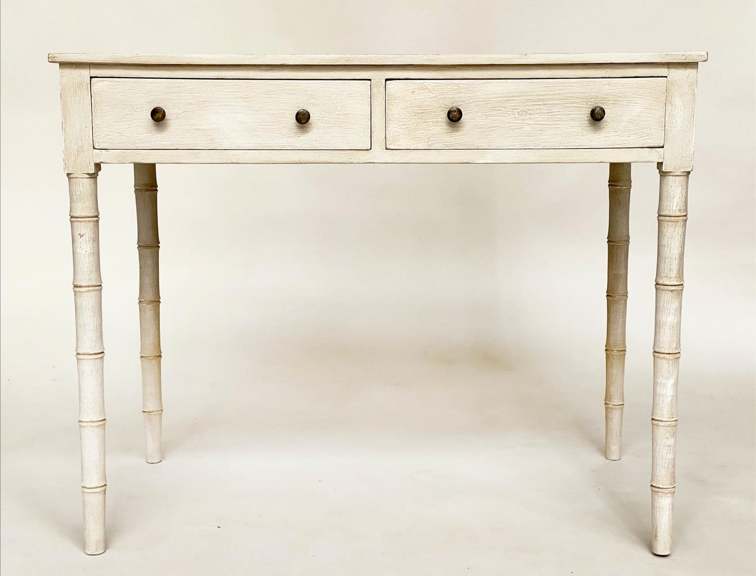 FAUX BAMBOO WRITING TABLE, early 19th century grey painted with two frieze drawers and faux bamboo - Image 4 of 11