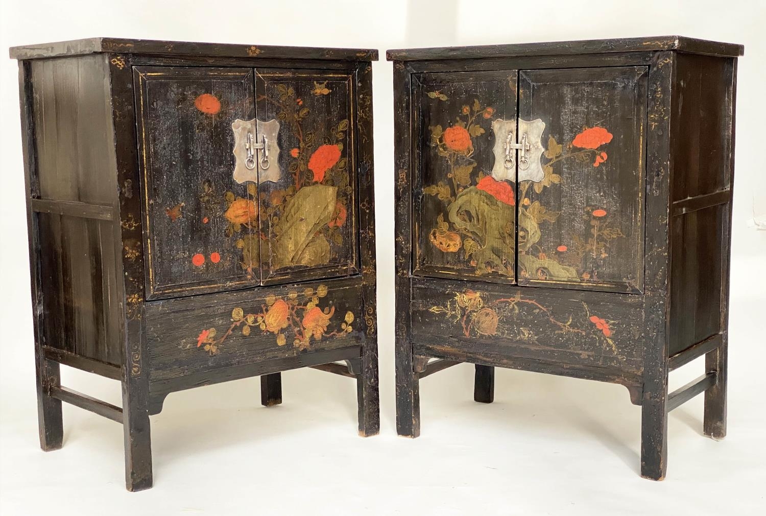 CHINESE CABINETS, a pair, early 20th century black lacquered and gilt Chinoiserie decorated each - Image 4 of 13