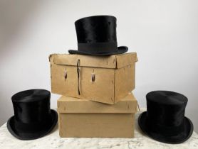 TOP HATS, three, comprising a James Lock and Co Ltd hat, internal dimensions, 20cm x 16cm, a G.A.